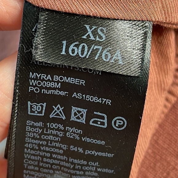 All Saints Myra Bomber Flight Jacket Rust Brown Red Ruched Nylon Sz XS - Picture 14 of 15